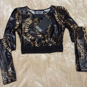 Versace Jeans Collection Black Crop Top with Gold Chain Print. Size 0